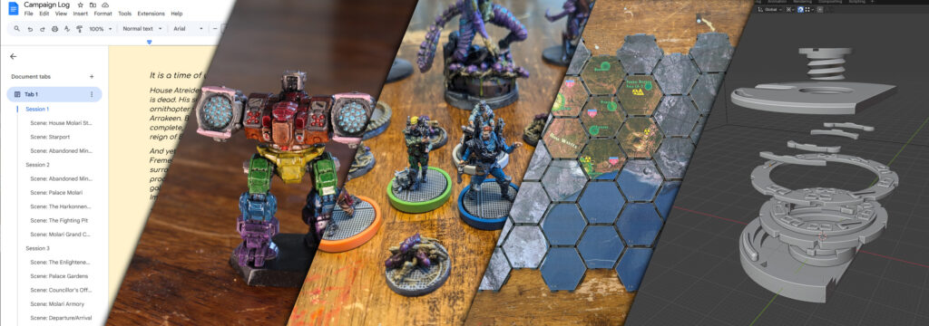 Collage image comprising a Google docs document outline, a photo of a Battletech miniature painted in Pride colors, a group of painted NEMESIS board game miniatures, a modular world map set up on a table, and a screenshot of a complex device in Blender, exploded into different parts