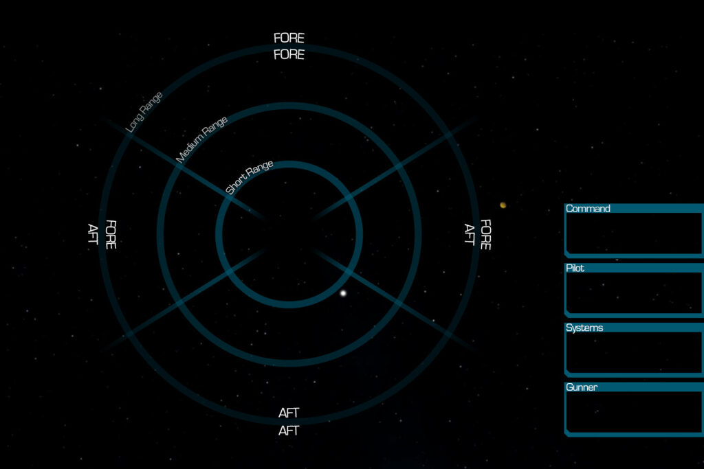 A space combat map showing a headings and range diagram as well as four crew role slots