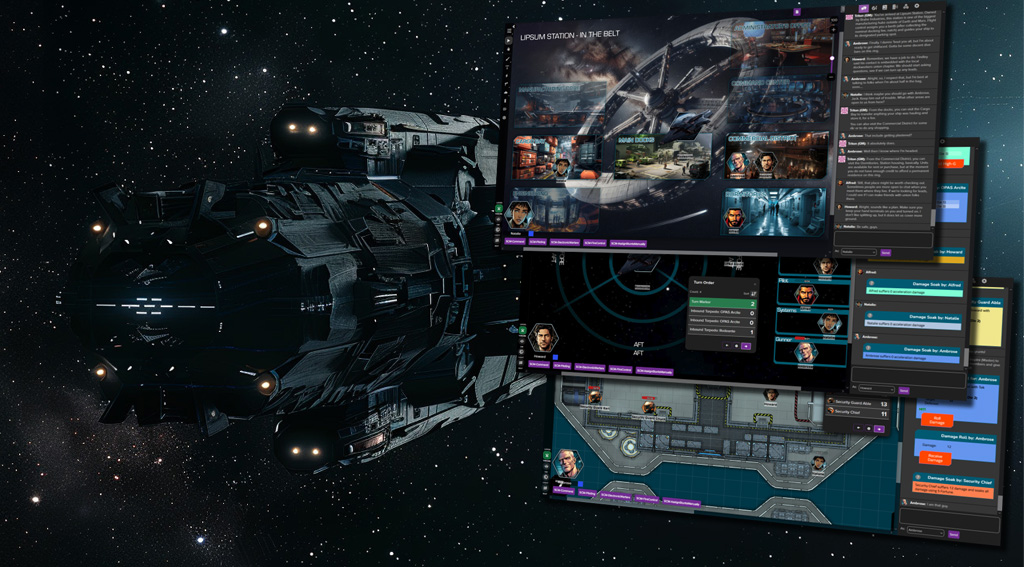 Composite image featuring a 3d render of a futuristic spaceship and a trio of screenshots of a virtual tabletop gaming session in progress