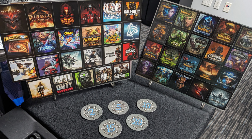 Photograph of a collection of magnetic tiles chronicling over two decades of launching AAA games