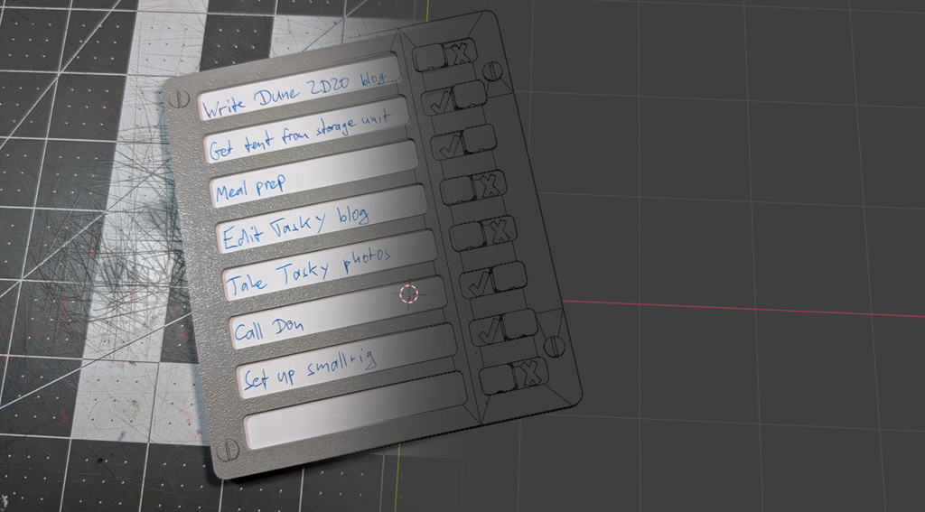 Mixed photograph and 3d wireframe of a 3d-printed task organizer